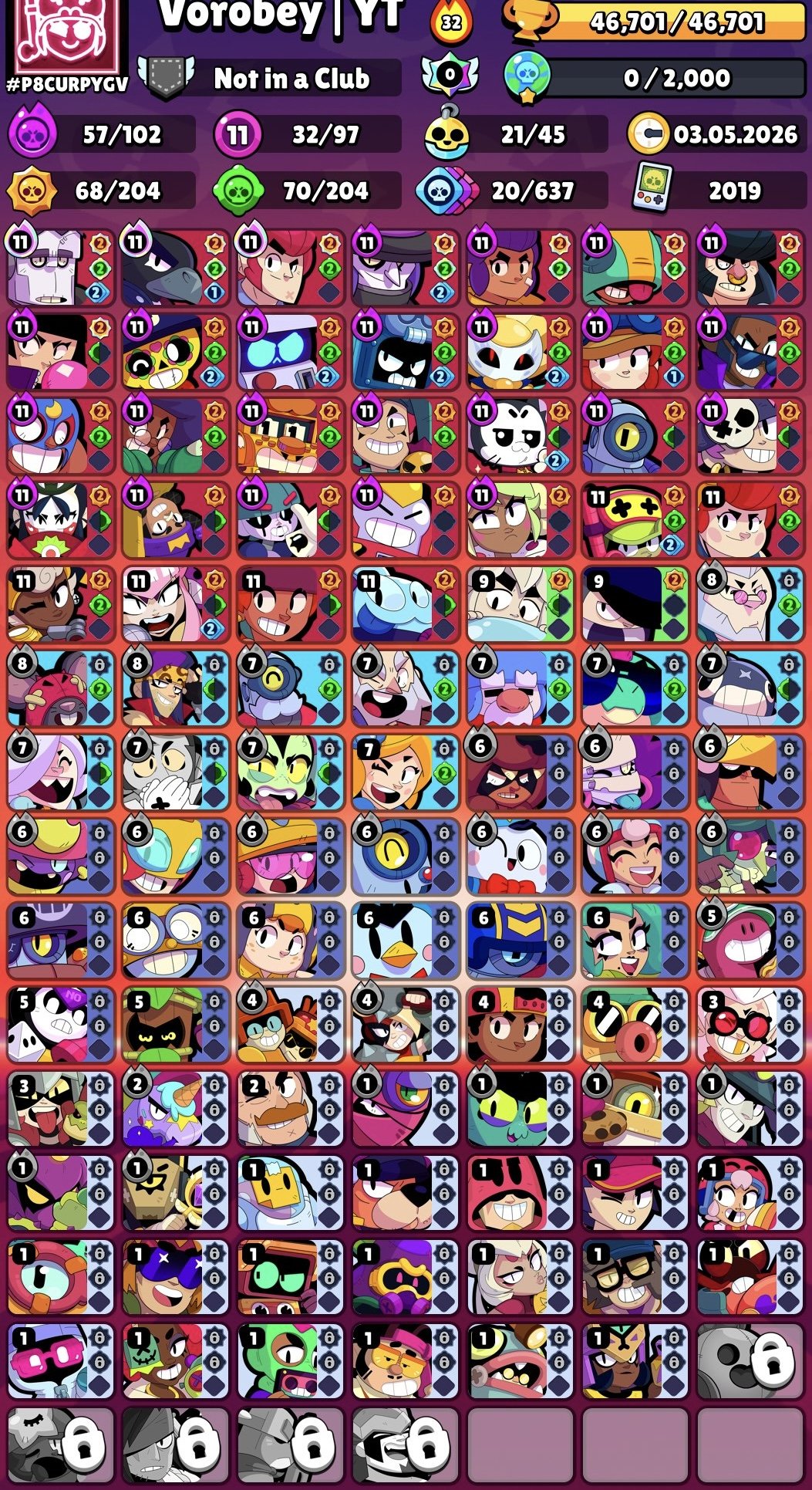 🔴AUTO-ISSUE🔴63300🏆100/104🔥19-11 STR🌈15 MYTHIC SKINS🌟8 LEG🔥LEGENDARY LEAGUE💥2021🔴40 PRIME🔴, trophies 63300, brawlers 100, primes 40