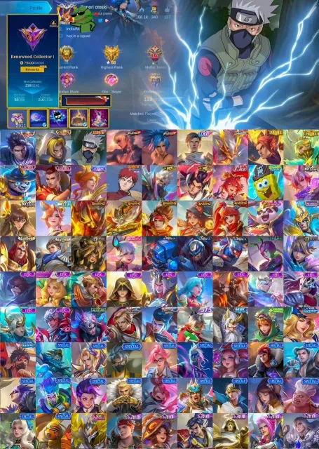 ⚔️ Alucard Legendary 🥷 Hayabusa Kakashi 🔥 Gusion KOF + Double 11 🏹 Moskov War Lord, Продажа, Ранг: Мифический Бессмертный, Уровень: 53, Процент побед: 55%, Герои: 113, Облики: 239