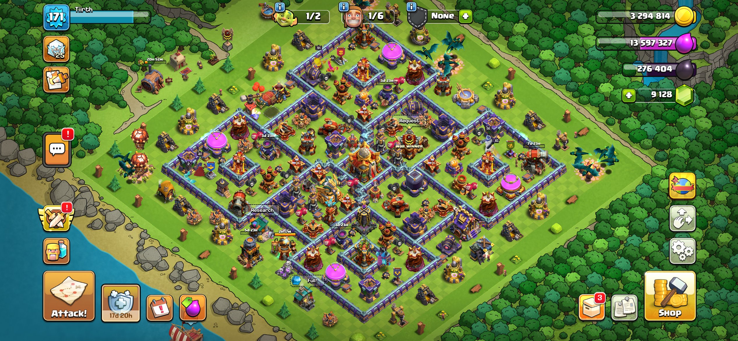 🔥TH 16 max🔥 || 91-91-71-66-41-7 || 6️⃣builders👨🌾 ||🚨 14 EQUIPMENTS 🚨|| 1370 CWL 🏅|| 9000💎 ||, 16 TH Main Village
