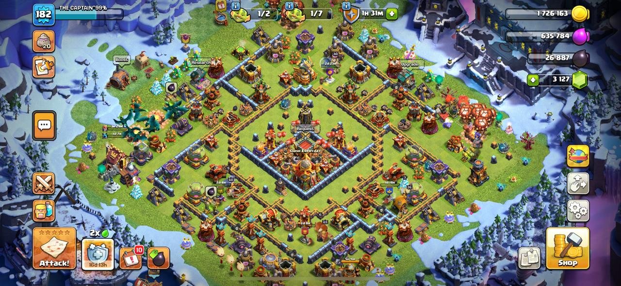 ✦ Th16 Max (182 XP) ✦ War Arena & Epic Winter Scenery ✦ 63/68/41/40/26 ✦ 6x Epic (3 Max) ✦ NC: 1k ✦, 16 TH Main Village, 10 TH Builder