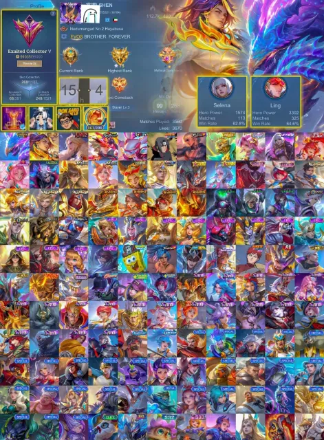 🎭 Arlott & Helcurt Collector 🌹 Lancelot Kishin Densetsu 🦾 Ling Neobeast 🍥 Itachi 👑 Gusion K, Sale, Rank: Mythical Immortal, Level: 51, Winrate: 60%, Heroes: 99, Skins: 268