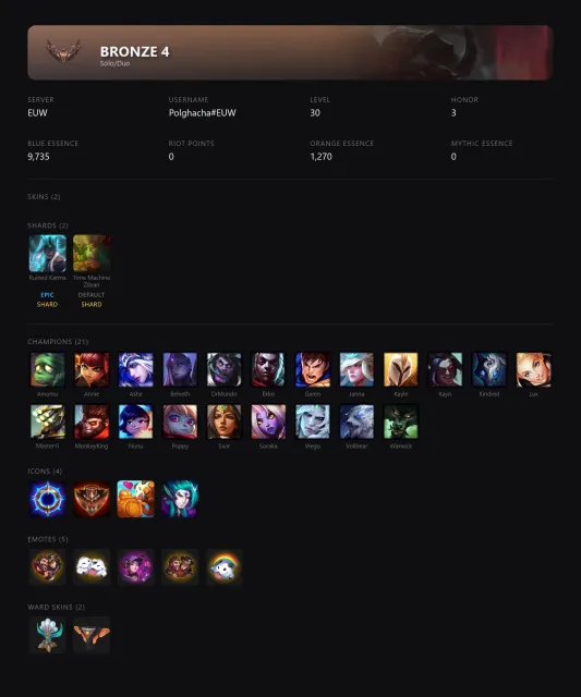 🟡┃👑 RUINED KARMA / TIME MACHINE ZILEAN ┃🕗 АВТОВЫДАЧА┃🤍 СМЕНА НИКА┃✅ ПОЧТА┃, Продажа, уровень 30, чемпионы 21, скины 2, Бронза