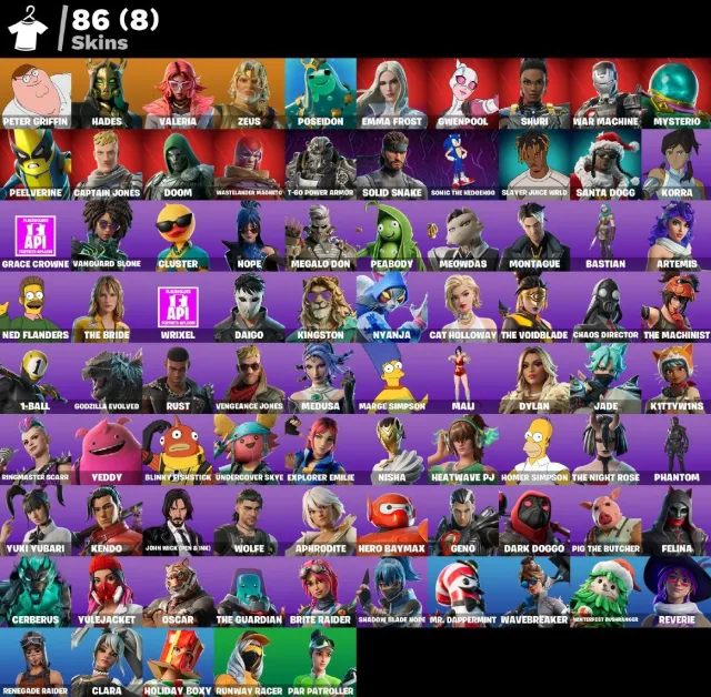 👕 86 skin 🎮 1446 Seviye 💰 0 V-bucks 💰 Renegade Raider | Peter Griffin | Hades | Valeria | Zeus |, Satış, skinler 86