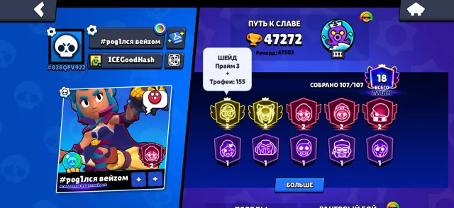 A good account with good leveling and a large number of skins, two 3 primes, 47272 кубков, 107 бравлеров