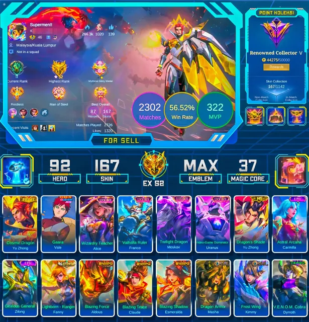 PRIME YU ZHONG | Hero 92 - Skins 167 | More Details Check Screenshot | Moonton Login - All Empty, Продажа, Ранг: Мифическая слава, Уровень: 76, Процент побед: 56%, Герои: 92, Облики: 167