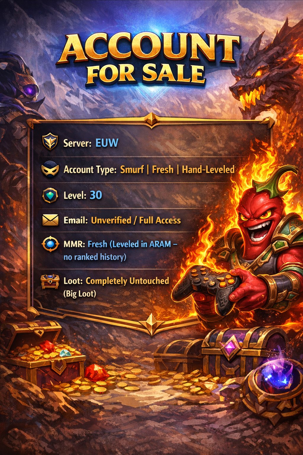 ⭐EUW Account| Smurf | Level 30 |Hand-Leveled Aram Only| untouched Big LOOT| FRESH MMR| Unverified, Sale, level 30, champions 9, skins 1, Unranked