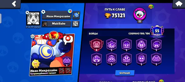 Old account with a lot of donations, 75000 trophies, 106 brawlers, 55 primes