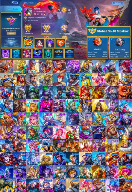 Ex Global 8K MMR Moskov AllStar, Prime Granger, Luckybox Moskov Chou, TP Void, Global 🔥, Sale, Rank: Mythical Immortal, Level: 105, Winrate: 54%, Heroes: 126, Skins: 261