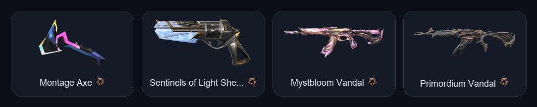 【 Montage Axe 】 【 Mystbloom Vandal 】 【 Primordium Vandal 】 【 Sentinels of Light Sheriff 】, Sale, Silver 1, Agents: 10, Skins: 26