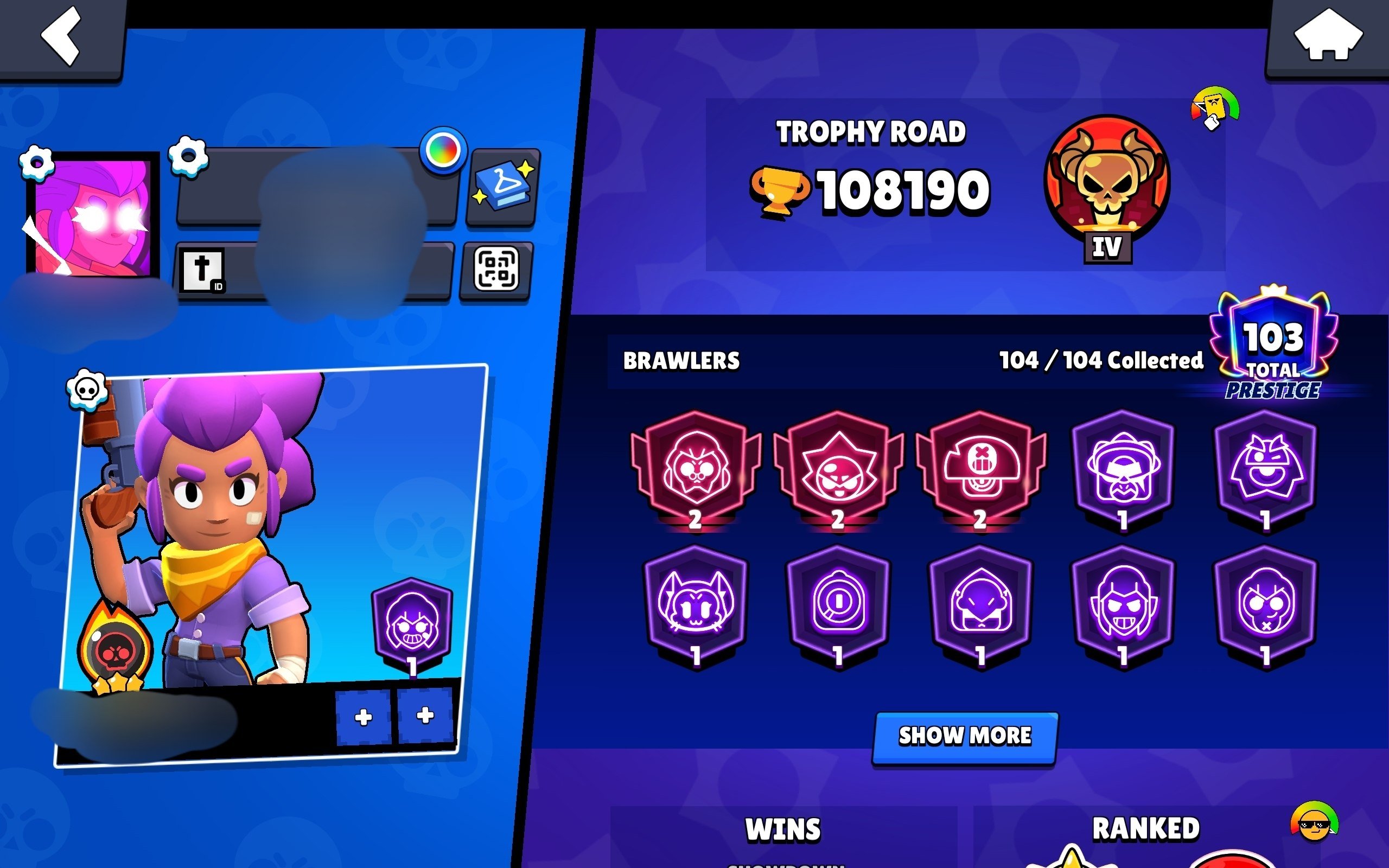 the best account for the game, trophies 108000, brawlers 104, primes 103