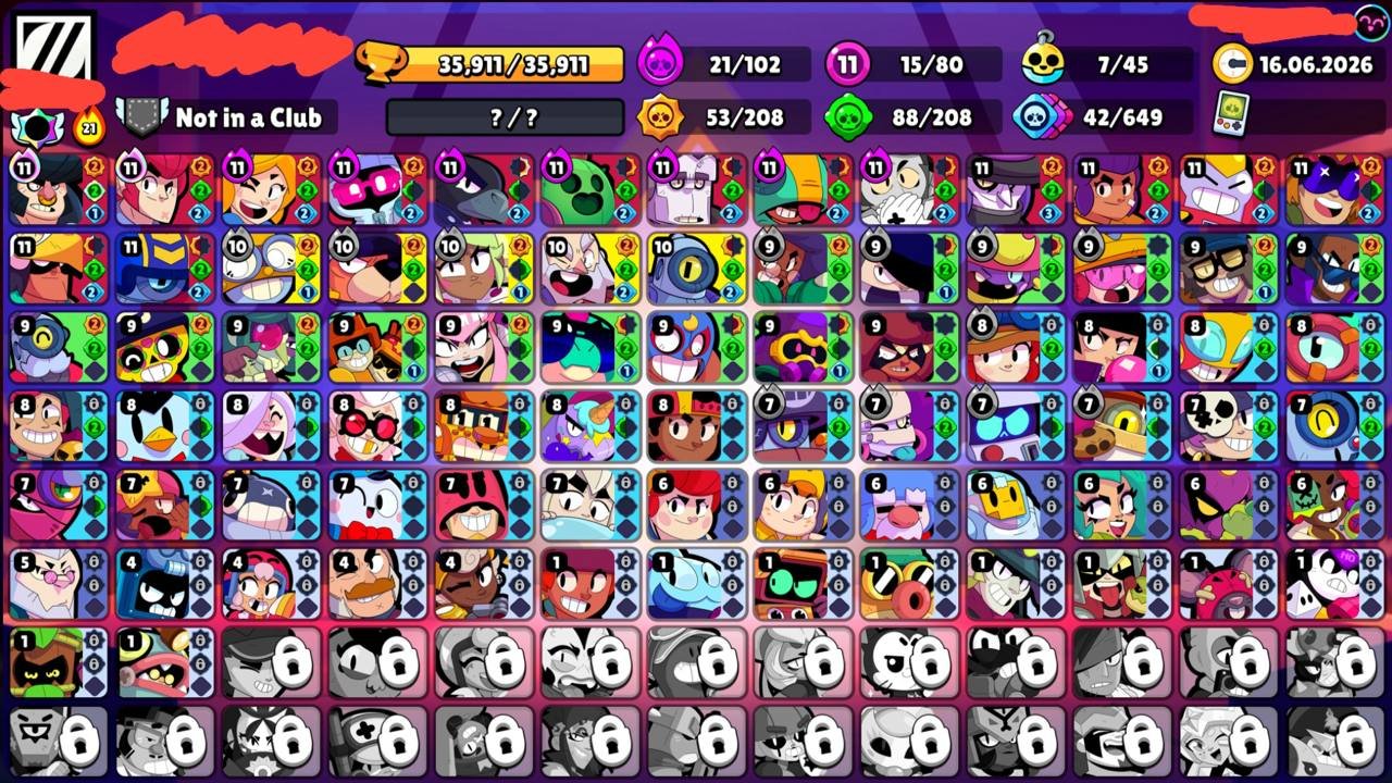🗯📌35,911🏆🌟80/103👤21 HYPER15 11 POWER🪙140 SKINS ~ 12,390 GEMS💠12 TITLES💮7 BUFFS🌀🔰〔NAME CHANGE 90〕🔰, trophies 35911, brawlers 80, primes 10