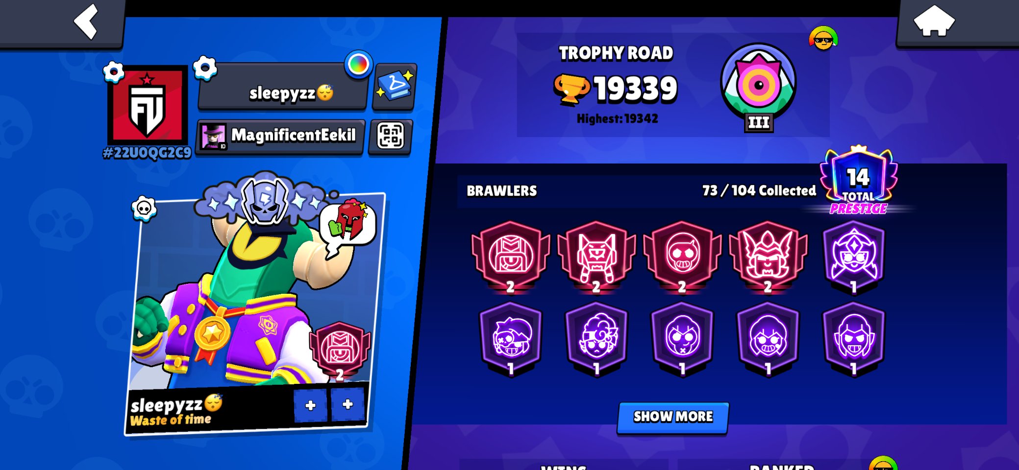 stu on top ru, trophies 19300, brawlers 73, primes 14