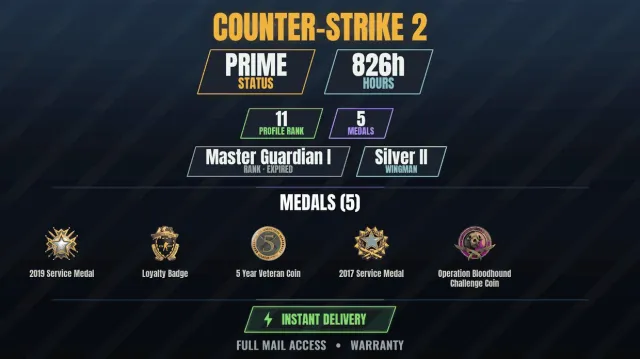 【CS2 Prime🎯826h👑5 medals】 Service Medal 2017, Service Medal 2019, Operation Bloodhound, Sale, With inventory, Has PRIME