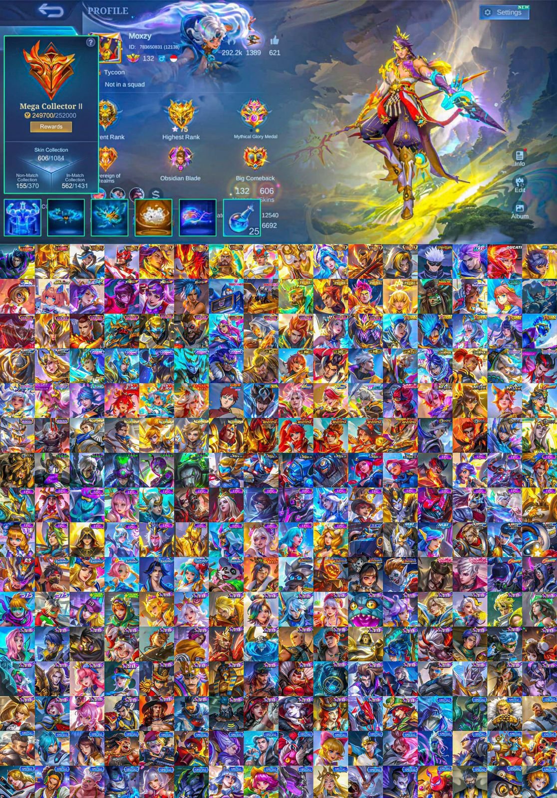 mega II 2xlegend//10xcol//gojo//nolan11.11 and many more skins you can check it out, Sale, Rank: Legend, Level: 132, Winrate: 50%, Heroes: 131, Skins: 606