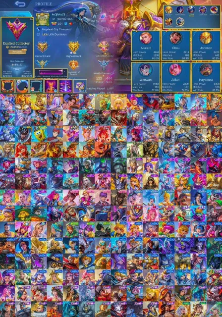 💚Johnson Set💚Legend Layla,KOF Masha,Aspirant Vexana,Collector Xavier,STAR Sun💚, Sale, Rank: Mythic, Level: 105, Winrate: 58%, Heroes: 133, Skins: 446