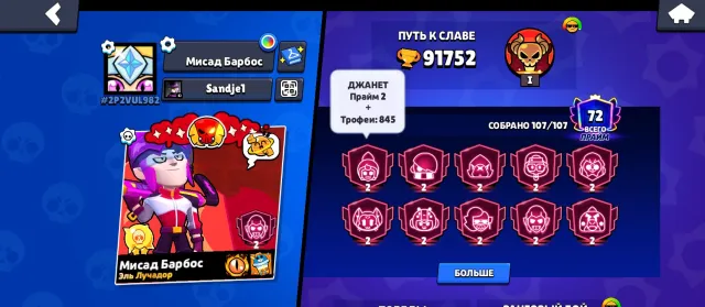 Selling an account in Brawl Stars. Lost interest in the game, 91753 trophies, 107 brawlers, 72 primes