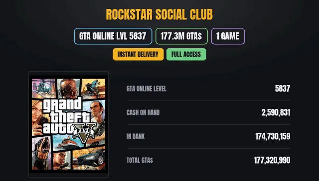 【SOCIAL CLUB】 🎮 【GTA ONLINE】 💠 【177.3M PURE CASH GTA$】 💎 【1 игр】 🎯 Grand Theft Auto V, Продажа