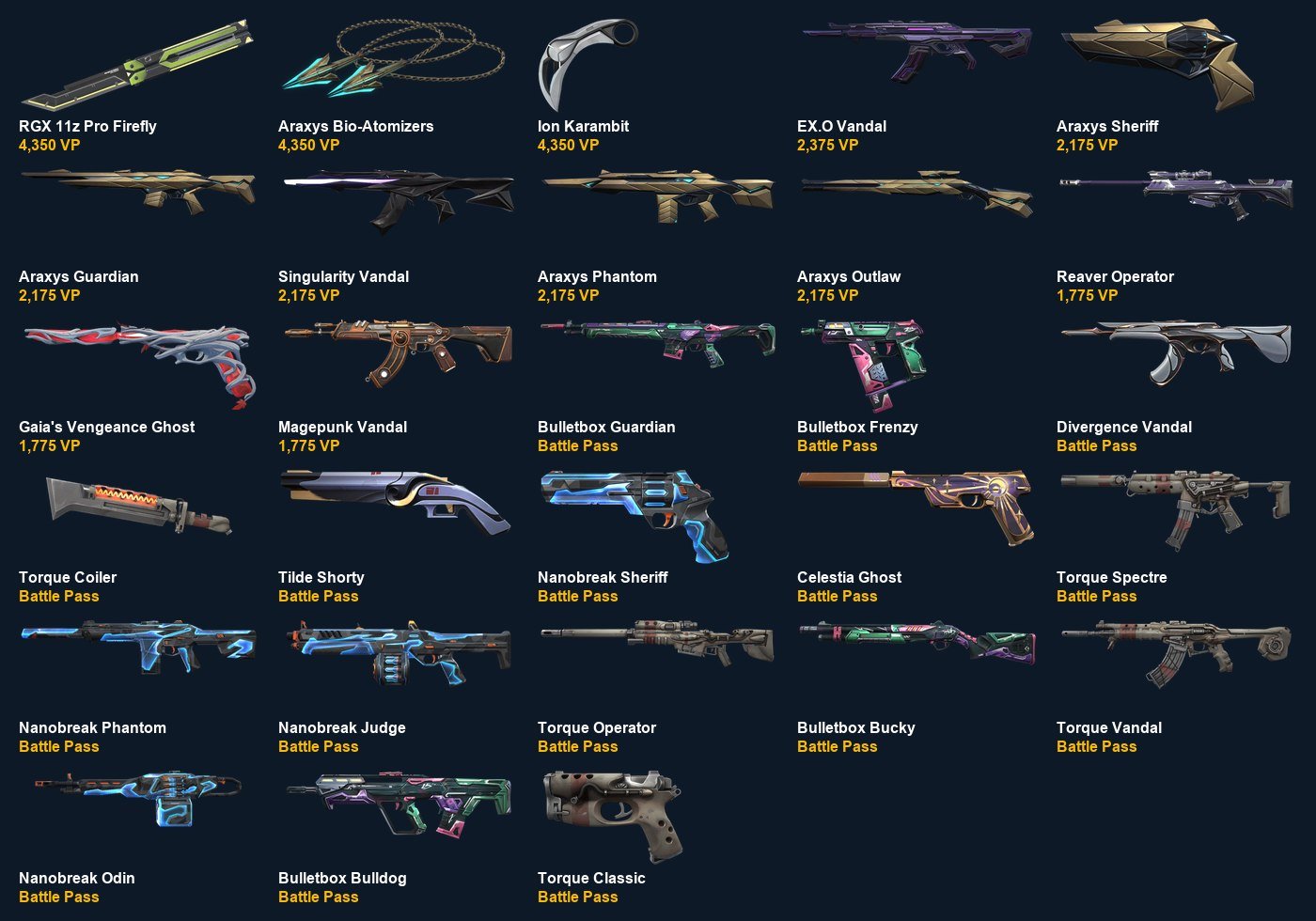 VA3318 EU RGX 11z Pro Firefly+Araxys Bio-Atomizers+Ion Karambit+EX.O Vandal+Araxys Sheriff, Sale, Ranked unlocked, Agents: 22, Skins: 28