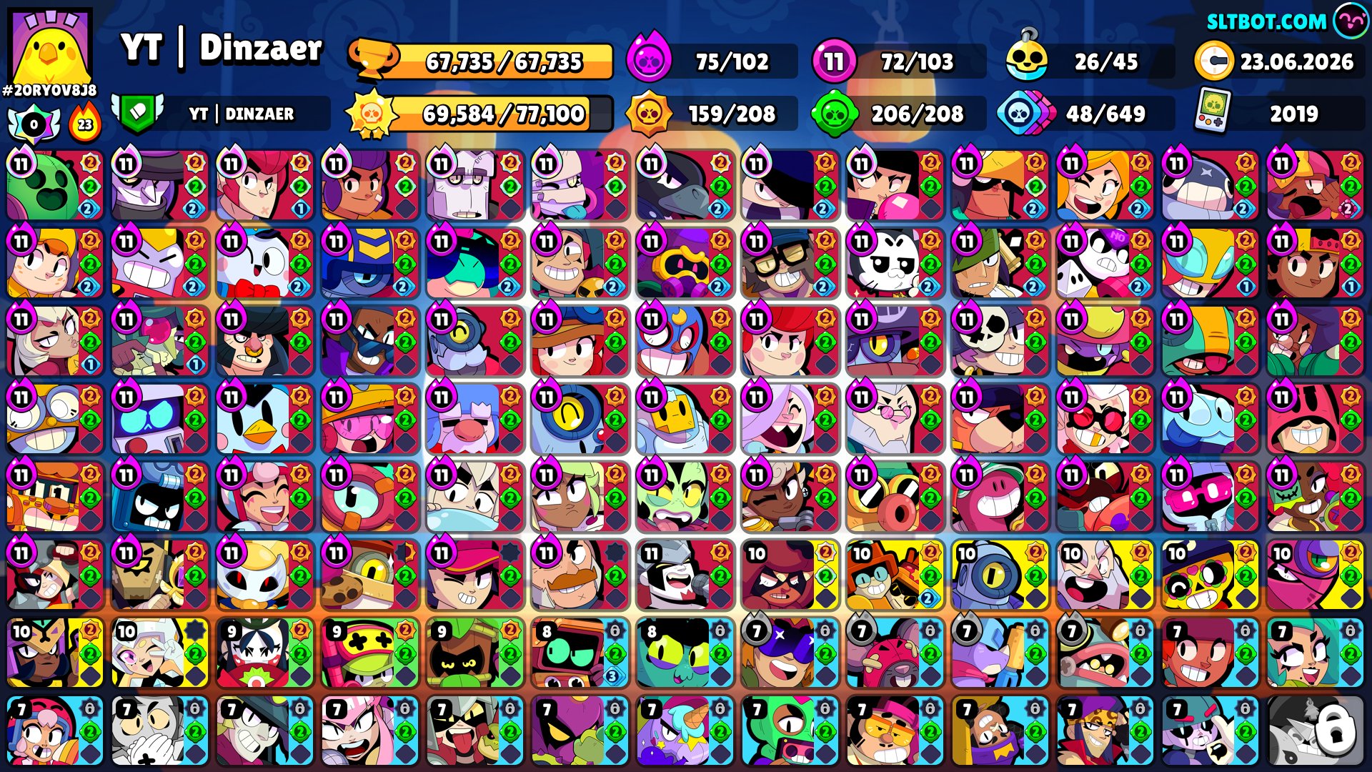 🔥TOP ACC UNDER THE BASIS🔥🏆67735 CUP WINNER🏆☀️ SUN GLORY 2☀️⚡ACC 2019⚡🟢881 GEM🟢👻104 BATTLE👻🤯374 SKIN🤯, trophies 67735, brawlers 104, primes 45