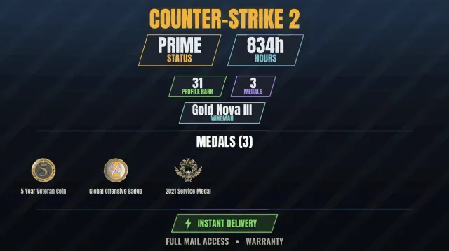 【CS2 Prime👑834h✨3 medals】【RUST】 Service Medal 2021, 5-Year Veteran Coin, Global Badge, Sale, With Inventory, Has PRIME