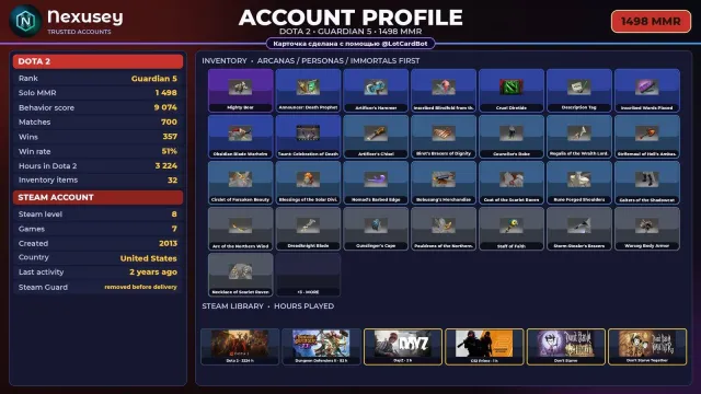 🚀 ⟦ DOTA 2 ⟧ Wächter 5 · 1498 MMR (KALIBRIERUNG) ✦ 9074 Anstand ✦ VOLLER ZUGANG ✨ #3Q9TPR, Verkauf, 1498 MMR, 9074 Anstand, 9074 Höflichkeit, 700 Spiele