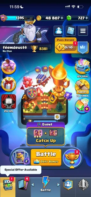 8.3 k 🏆, 1395 level, deck with knight, 7 evolutions + 3 heroes, 727 gems, 36 emojis, description👇, 21 arena, 1395 level, 8300 trophies, 122 cards, 19 leg, No