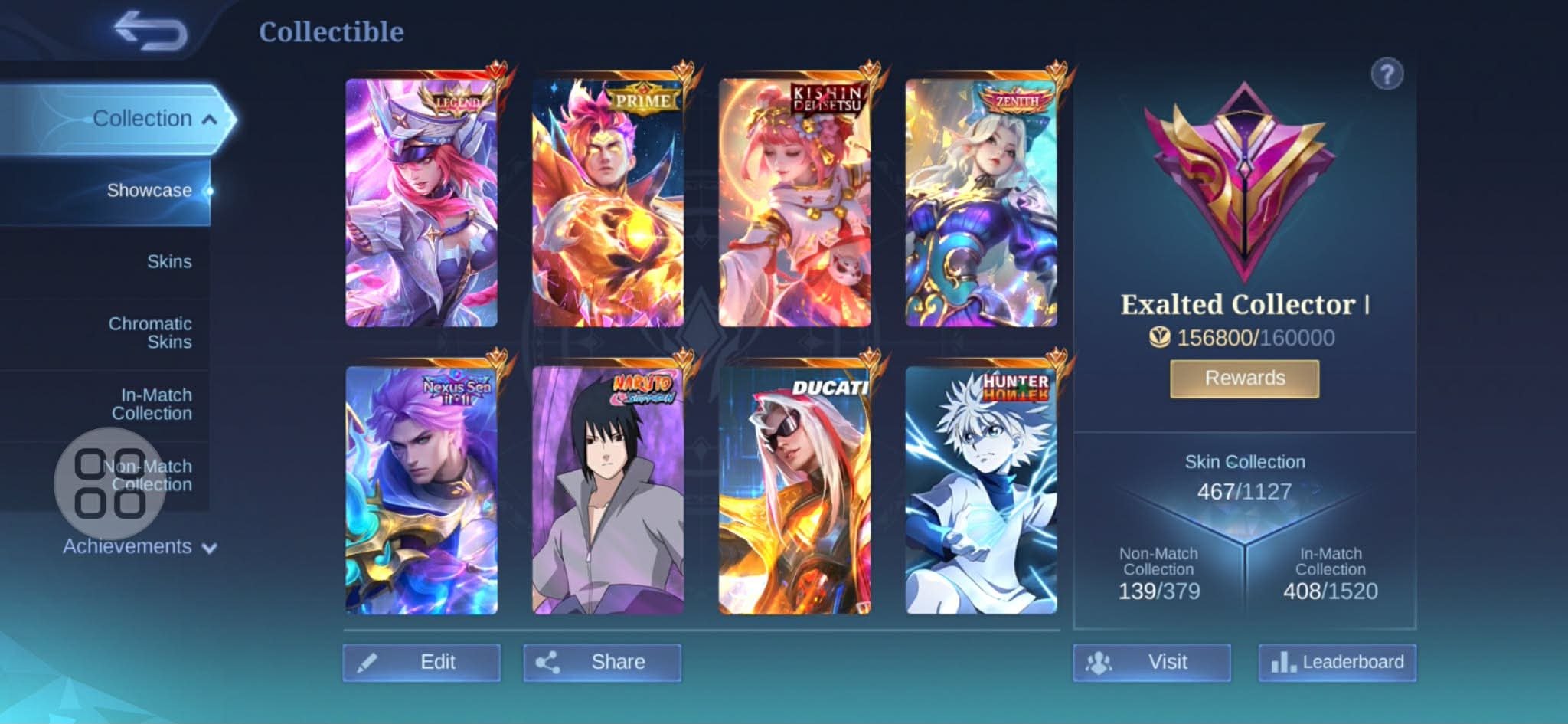 467 skins | huge premium skins | all heros | all emblem | gloabl max | ios + Android, Sale, Rank: Mythical Immortal, Level: 100, Winrate: 59%, Heroes: 133, Skins: 467