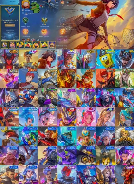 🔥 Exclusive SKINS ACCOUNT 🔥 💀 Dyrroth Collector Fanny Mikasa 👹 Gusion Demonwalker, Продажа, Ранг: Мифический, Уровень: 18, Процент побед: 70%, Герои: 76, Облики: 136