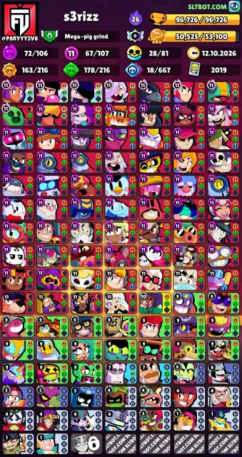 ACCOUNT FOR MAIN 💕💕 71 11-POWER, ALL BRAWLERS, MANY OLD AND EXPENSIVE SKINS, 96741 trophies, 107 brawlers, 70 primes