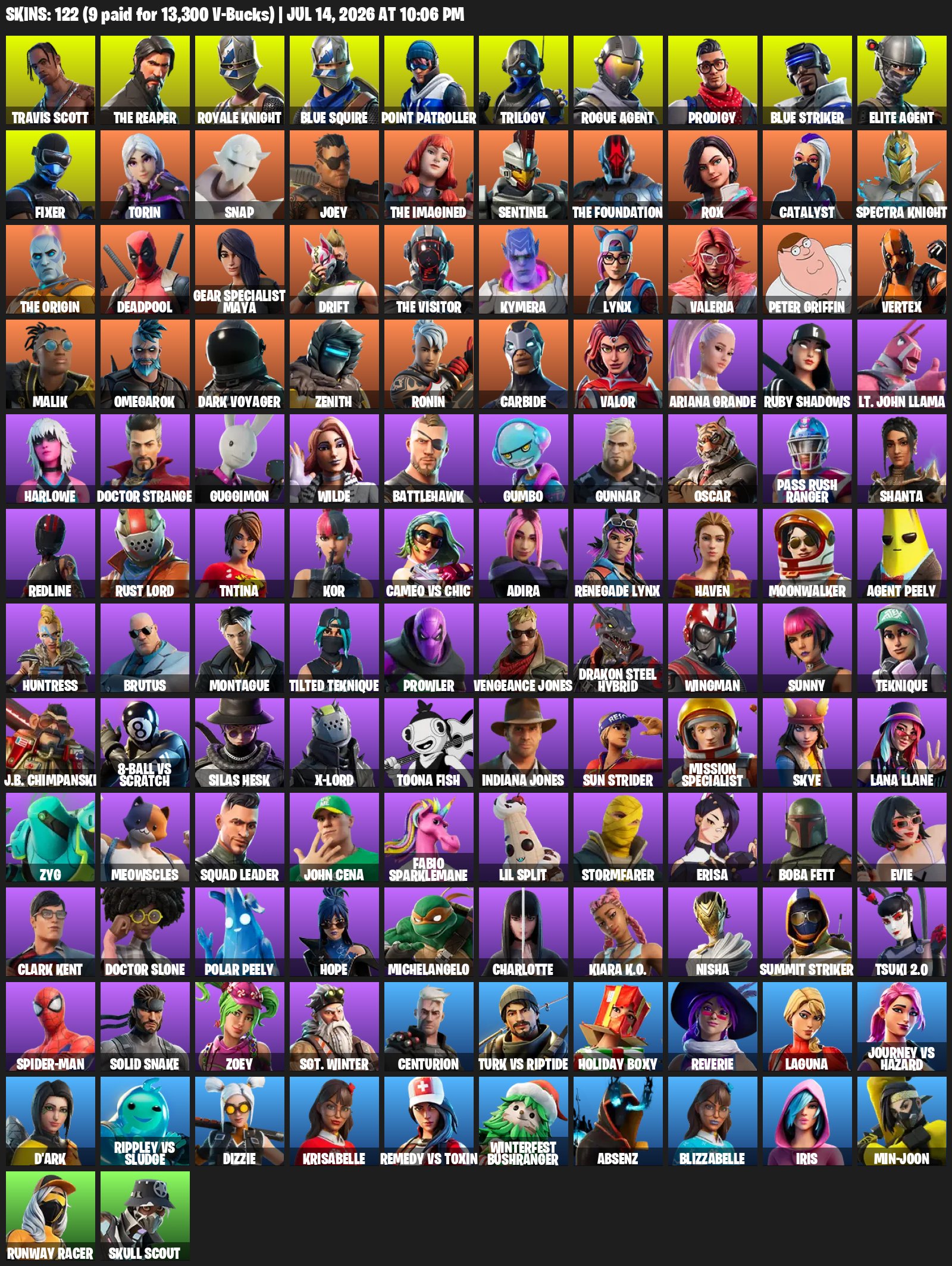 OG⚡️122 SKINS🌙TRAVIS SCOTT🌎TAKE THE L🌍THE REAPER☄️OFFLINE 500+ DAYS⭐️FULL ACCESS🌙, Sale, skins 122