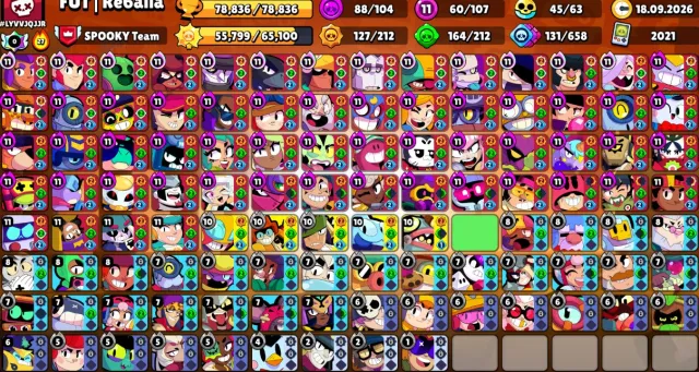 👑78К✨107/107🏆60 11 СИЛ🛡️ЛЕГА🎫7 БП+🎫PRO PASS☀️СОЛНЕЧНАЯ СЛАВА🥋НЕИСТОВЫЙ ФЕНГ🪐БУНТАРКА ЛОЛА🤖АВТОВЫДАЧ, 78836 кубков, 107 бравлеров, 51 праймов