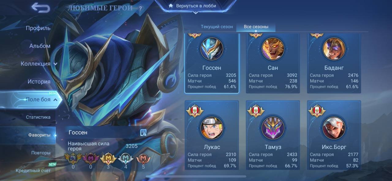 Legend Gus Jonhson, 11.11 Thamuz Gus, KOF Chou Guin, Aspirtant Lesley Guin, Naruto Lukas HIGH WR, Sale, Rank: Mythical Immortal, Level: 48, Winrate: 60%, Heroes: 100, Skins: 314