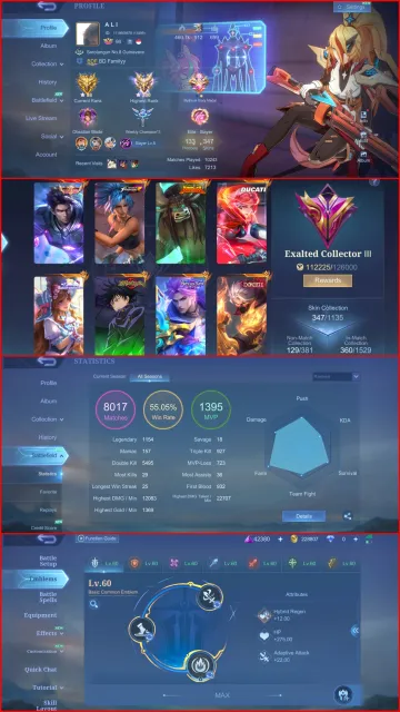 🔥 Alucard Legend 🔥 Benedetta Ducati 🔥 Megumi Jjk 🔥 Hayabusa Exorcist 🔥 Karina Leona 🔥 Fanny Skylark, Sale, Rank: Mythic, Level: 98, Winrate: 55%, Heroes: 133, Skins: 347