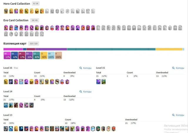 🏆13296🏆💟18 EVO + 8 HEROES💟❤️🔥101 EM + LOTS OF RARE❤️🔥🔮8 SKINS + 13×16 2×15 6×14❤️🔥🔮, 31 arena, 62 level, 13296 trophies, 123 cards, 22 leg, Available