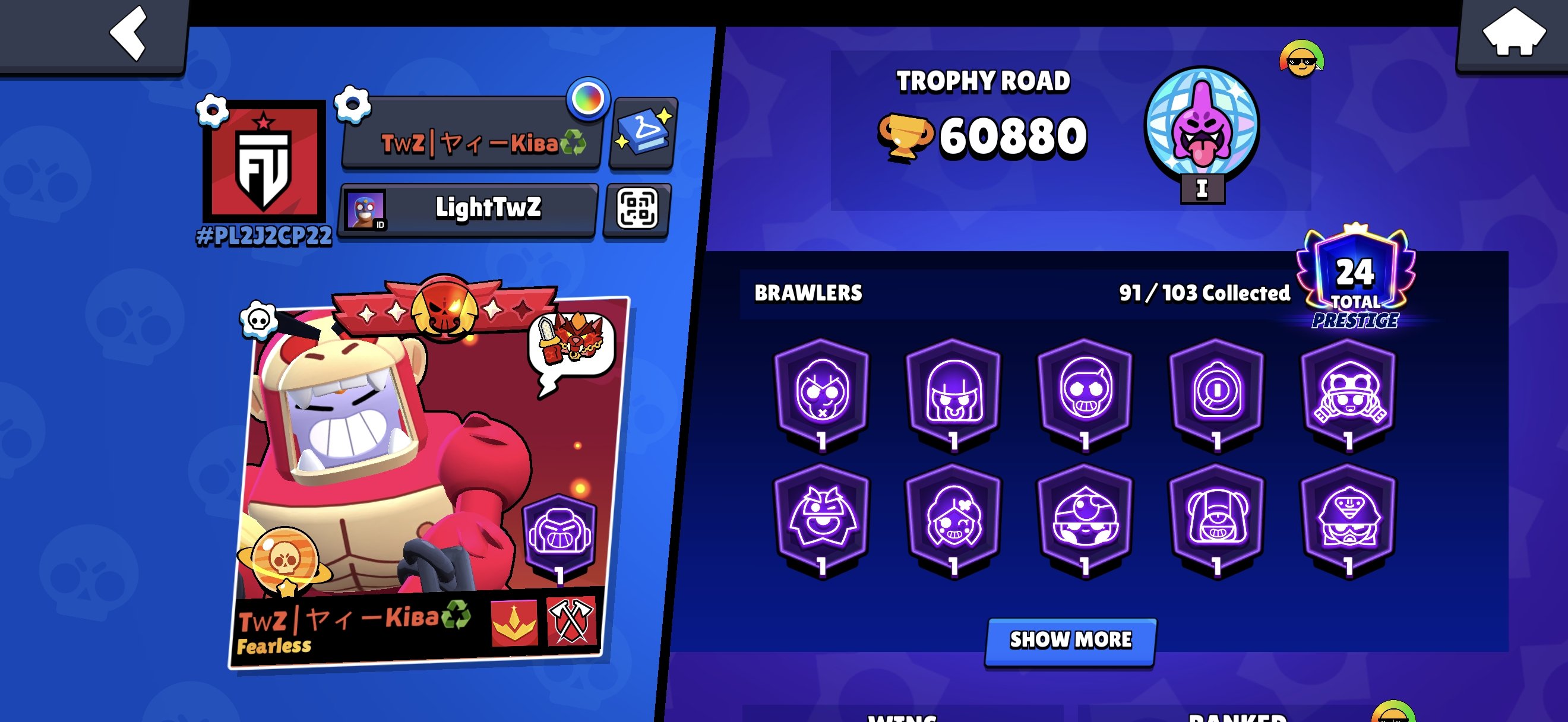 The Fattest Brawl Stars Account, trophies 60880, brawlers 91, primes 24