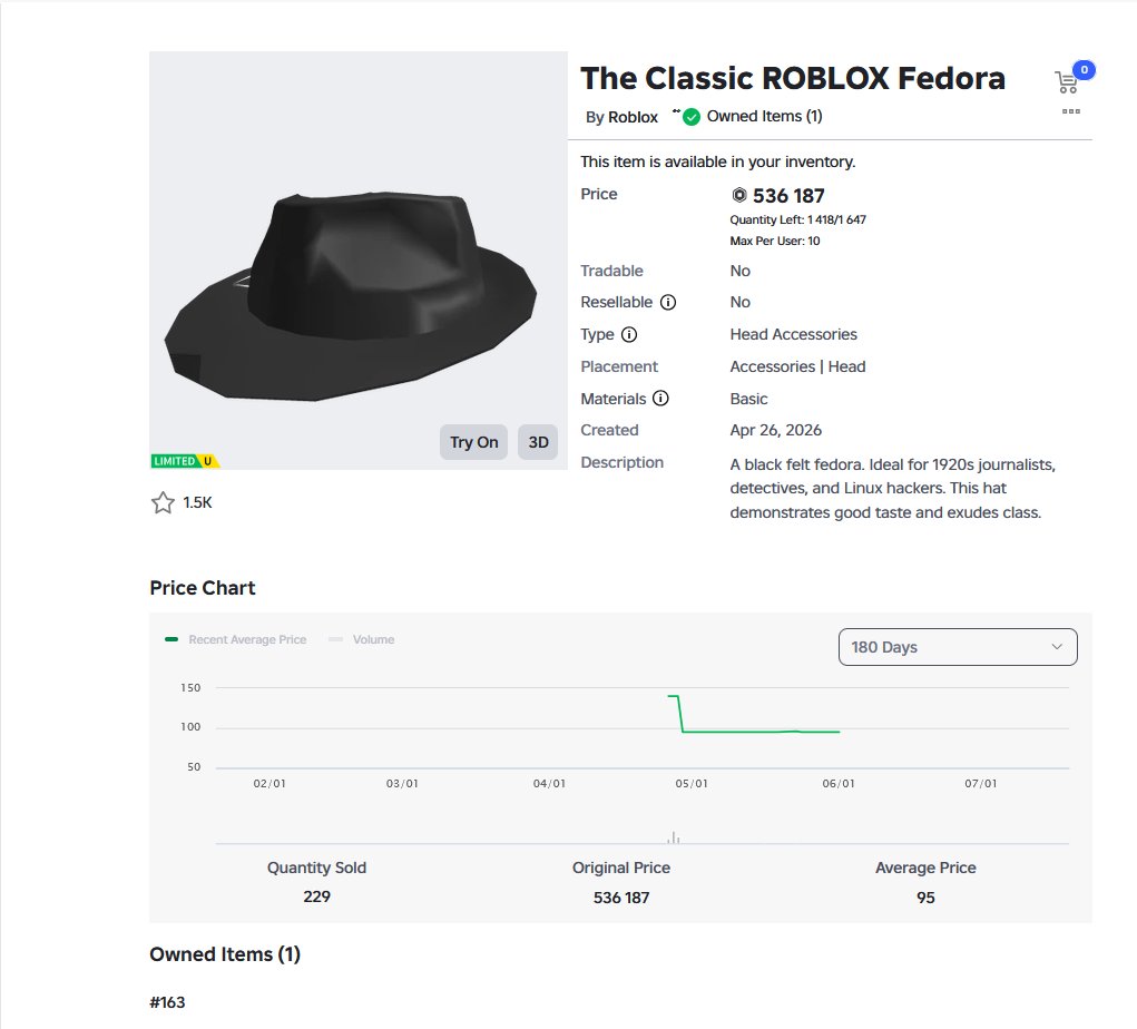 Account with The Classic ROBLOX Fedora (536k Robux value). Username: menel3435., Sale, Voice chat: No