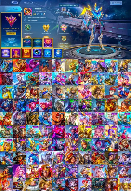 Legend Gossen, Prime Granger, KOF Darius, Collector Farsa, Lucky Box, Global 🔥, Sale, Rank: Mythical Glory, Level: 87, Win Rate: 47%, Heroes: 105, Skins: 327