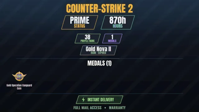 【1 game】【CS2 Prime🎯870h】 Golden coin of the Vanguard operation, Sale, With inventory, Has PRIME