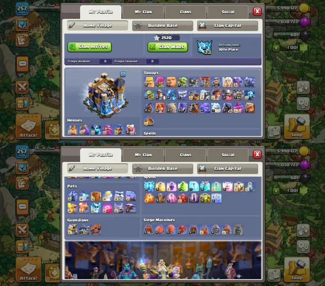 TH18➤5 Heroes Max➤New Hero Lvl17➤Defense Max➤Supercharge Left➤11 Epics Max➤1 Epic Lvl23, 18 TH Родной Деревни, 10 TH Строителя