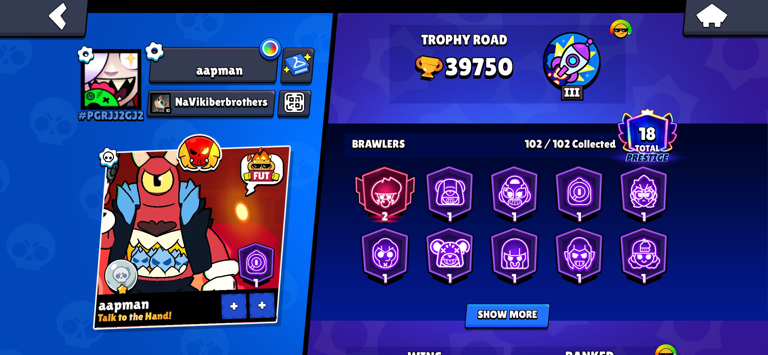 BS 39750 LEGENDARY RANK ALL BRAWLERS, trophies 39750, brawlers 102, primes 18
