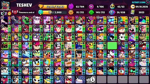 🏆62341🏆🌟106/107🌟⚔️10x11 POWER⚔️🎎24 TITLES🏆🪙378 SKINS ~30K GEMS🟢FREE NAME CHANGE🟢, 62341 trophies, 106 brawlers, 24 primes