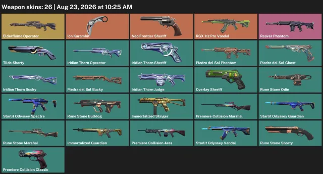 🔥Operator "Ancient Flame" + Karambit "Ion" + Vandal "RGX 11Z PRO" + Neon Frontier Sheriff🔥, Sale, Diamond 1, Agents: 24, Skins: 26
