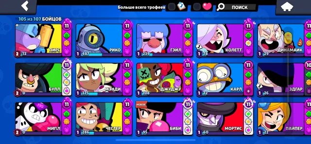 Good account, many 11 power, many brawlers leveled up, many skins for brawlers, 75 trophies, 104 brawlers, 50 primes
