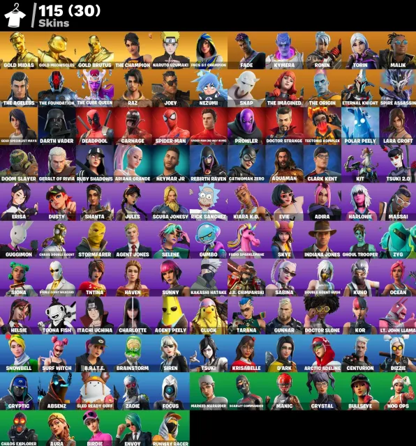 👕134 skins 127 pickaxes 👍 100 emotes 😀 115 gliders, Sale, skins 134