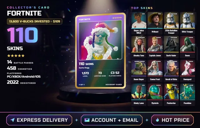 🦙 PC • XBOX • ANDROID • IOS ◆ LVL. 1573 • 110 SKINS ◆ Santa Dogg, Bold Juice Wrld, MrBeast, Sale, skins 110
