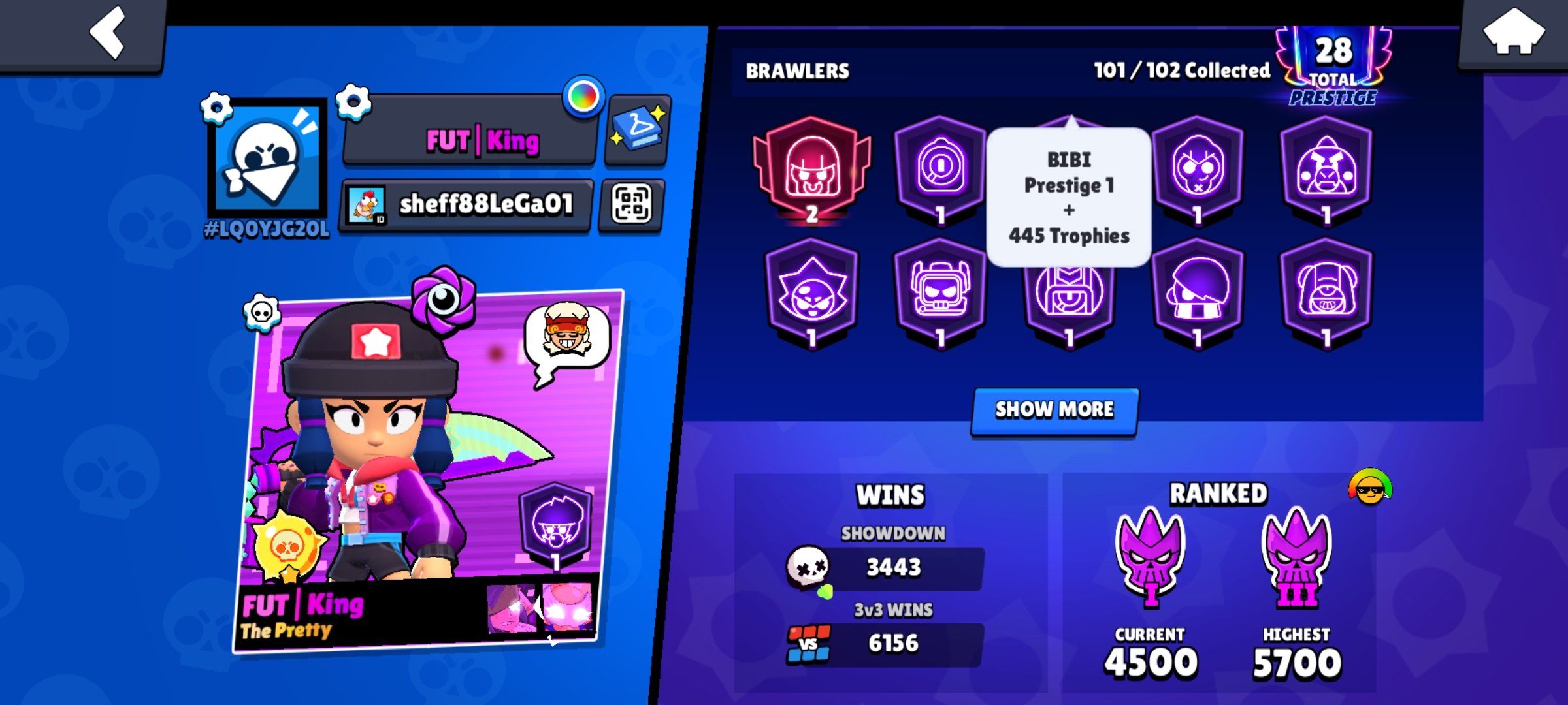 🏆𝟔𝟖𝟒𝟎𝟎🏆💟HEROINE BIBI💟🀄WILL GUS + NIAN NITA🀄💟FURIOUS FANG + EXCL. PINS💟🏅SOLAR FAME🏅, trophies 68396, brawlers 101, primes 28