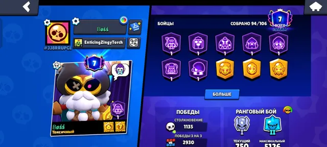 All legendaries, 13k power points, 12k blings, 35356 trophies, 94 brawlers, 7 primes