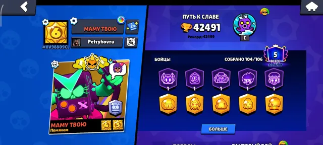 Top account for its price, with skins worth 13k+ gems, full binding without losses, 42491 trophies, 104 brawlers, 5 primes