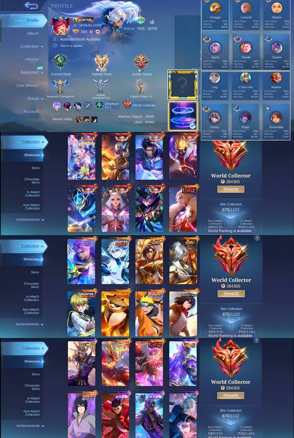 ✅🆔 WORLD COLLECTOR | 79% VR | Gun account, under the basis, Sale, Rank: Epic, Level: 164, Winrate: 79%, Heroes: 132, Skins: 670
