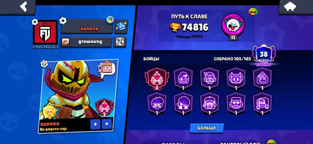 The account in bs has rare skins read in the description, trophies 74000, brawlers 103, primes 38